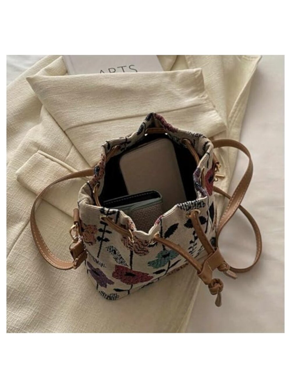 Mini Floral Embroidered Bucket Bag Drawstring Shoulder Purse - Picture 4 of 6